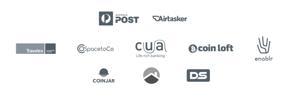 Logos for Australia Post, Keypass in Digital iD, Airtasker, Travelex, Coinjar, @SpacetoCo, CUA, Coin Loft, Enablr